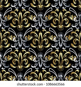 Vintage damask baroque vector seamless pattern. Floral ornate patterned background. Gold , silver, blackantique baroque style hand drawn ornament. Swirls, flowers, leaves. Decorative luxury design. 