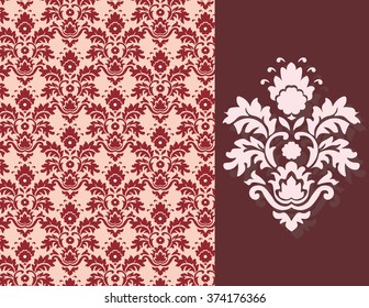 Vintage damask classic ornament pattern in red. Vector