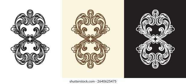 Vintage damask filigree wedding scroll floral ornaments. Calligraphy swirls, ornate motifs and scrolls design elements. Engraving retro pattern. Vector illustration. For decoration, cards, invitation