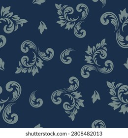 Vintage Damask Floral Seamless Pattern on Navy Blue Elegant Ornamental Background