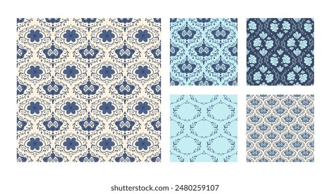 Vintage damask flowers and branches seamless patterns collection. Floral retro endless backgrounds set. Flower and leaves ornament tile. Blue botanic repeat cover. Vector flat hand drawn illustration.