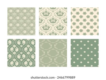 Klassischer Damast Blumen nahtlose Muster Kollektion. Blumenretro endlose Hintergründe gesetzt. In: Botanic Repeat Cover. Vektorgrafik flache handgezeichnete Illustration.