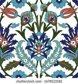 Vintage damask greeting card with arabic ornaments ceramic blue on blue background. Green Oriental wallpaper. Vector decorative background. Vector art. Seamless 