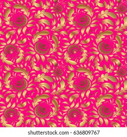 Vintage damask ornament. Seamless floral tiling pattern in gold and magenta colors.