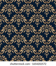Vintage damask pattern with golden floral swirls. Gold scrolls on dark blue background. Elegant ornamental wallpaper. Vector seamless pattern in baroque style.