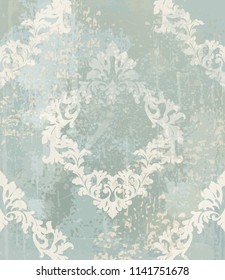 Vintage damask pattern ornament Vector. Royal fabric background. Luxury decors blue color with old stains