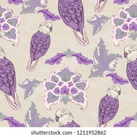 Vintage damask pattern parrot Vector. Old 30s style decoration textures
