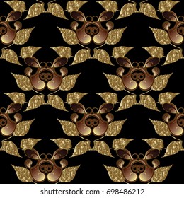 Vintage damask seamless pattern. Black floral background wallpaper illustration with gold ornaments, abstract flowers and grunge golden leaves. Vector luxury texture for cards, cover, fabric, textile