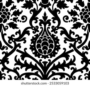 Vintage damask seamless pattern featuring elegant, intricate motifs. Vector illustration