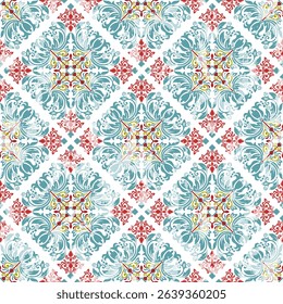 Vintage damask seamless pattern in teal and red for ornate textile or wallpaper design. Vector damask seamless pattern background. Vintage ornamental template with pattern. Vector, illustration