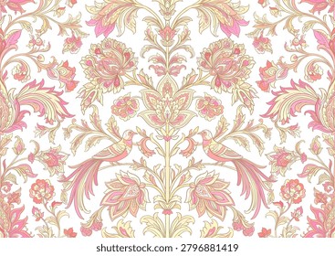 Vintage damask seamless pattern with two birds, blooming flowers, curling branches and leaves, hand drawn vector illustration for wallpaper, textile and packaging design. 