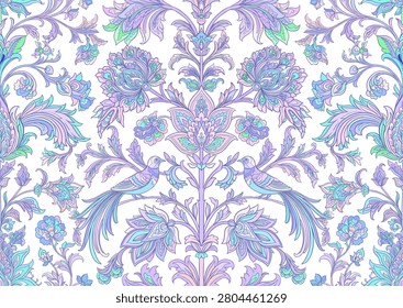 Vintage damask seamless pattern with two birds, blooming flowers, curling branches and leaves, hand drawn vector illustration for wallpaper, textile and packaging design. 