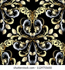 Vintage Damask vector seamless pattern. Floral ornate patterned decorative background. Antique style hand drawn gold silver ornament. Beautiful line art tracery flowers, leaves, swirl lines, dots.