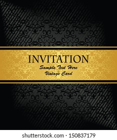 Vintage damask wallpaper with a gold ribbon. Seamless background in black. Can be used as invitation  