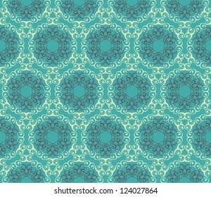 Vintage damask wallpaper pattern with abstract flowers and swirls in green and brown