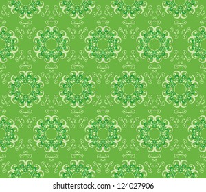 Vintage damask wallpaper pattern with abstract flowers and swirls in green