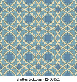 Vintage damask wallpaper pattern with abstract flowers and swirls in blue, creme and brown