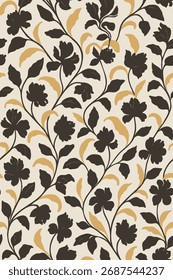 Modelo inconsútil del estilo del damasco de Antiguas con las siluetas florales negras elegantes y las hojas de oro contrastantes en un fondo beige. Este diseño clásico de vid es ideal para Fondo de pantalla, tela o backgr de lujo
