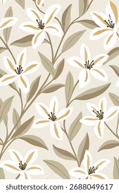 Modelo inconsútil del estilo del damasco de Antiguas con las siluetas florales negras elegantes y las hojas de oro contrastantes en un fondo beige. Este diseño clásico de vid es ideal para el Fondo de pantalla, la tela o el lujo