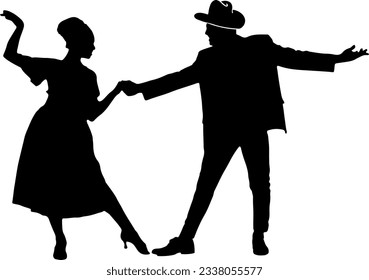 Silhouette de Danza Vintage Romance de una pareja de baile retro, Silhouette de baile clásico de salón de baile de una pareja de baile de época