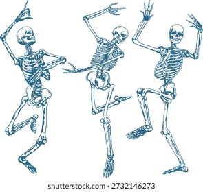Vintage Dancing Skeleton Figures with Fun Poses Hand Drawn Illustration