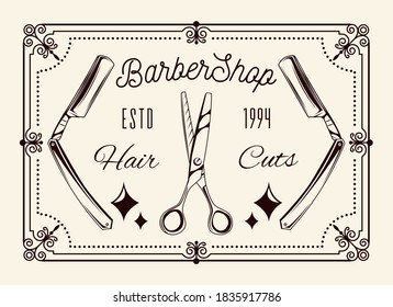 Vintage y peligroso, tijeras de peluquería, marco curvado, Barbershop con membrete, ESTD 1994, Cortes de pelo. Logo vintage, letrero para peluquería masculina. Los peinados de los hombres. Herramientas negras en gris