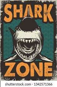 Vintage dangerous zone for surfing concept with angry shark on sea waves background vector illustration