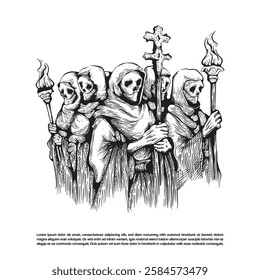 Vintage dark art group of skeleton figures dressed in hooded robes, each skeleton holding torch and cross staff. satanic cult vector illustration