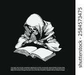 Vintage dark art skeleton wearing cloak reading a book vector isolated on black background
