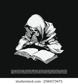 Vintage dark art skeleton wearing cloak reading a book vector isolated on black background