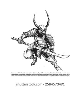 Vintage dark art standing long horn samurai demon holding long sword vector illustration