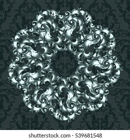 Vintage dark background, floral antique card, victorian silver ornament, baroque frame, beautiful, luxury, old decor, royal, ornate cover page, wealthy style pattern template for design.
