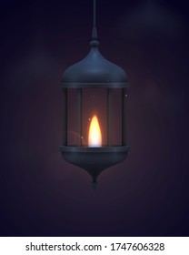 Vintage dark blue lantern with a burning realistic fire. vector illustration