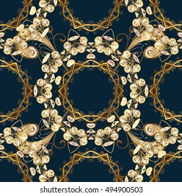 Vintage dark blue seamless pattern with gradient golden flowers, vector