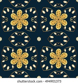 Vintage dark blue seamless pattern with gradient golden flowers, vector