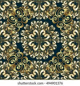 Vintage dark blue seamless pattern with gradient golden flowers, vector