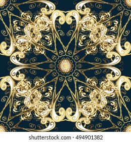 Vintage dark blue seamless pattern with gradient golden flowers, vector