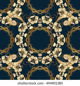 Vintage dark blue seamless pattern with gradient golden flowers, vector