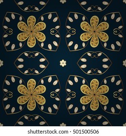 Vintage dark blue seamless pattern with gradient golden flowers, vector