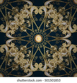 Vintage dark blue seamless pattern with gradient golden flowers, vector