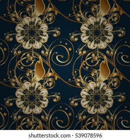 Vintage dark blue seamless pattern with gradient golden flowers, vector