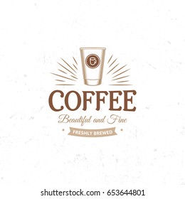 Vintage dark coffee emblem, flat retro illustration. Brown and beige colors sign. Stylized stamp of vector lettering drink. Breakfast cafe logo.