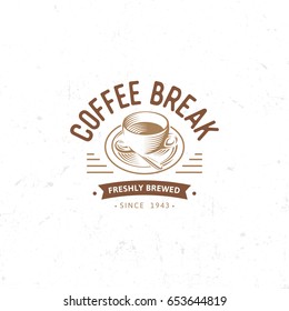 Vintage dark coffee emblem, flat retro illustration. Brown and beige colors sign. Stylized stamp of vector lettering drink. Breakfast cafe logo.