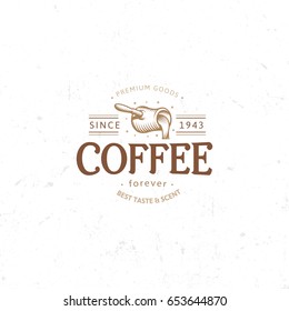 Vintage dark coffee emblem, flat retro illustration. Brown and beige colors sign. Stylized stamp of vector lettering drink. Breakfast cafe logo.
