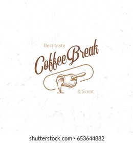 Vintage dark coffee emblem, flat retro illustration. Brown and beige colors sign. Stylized stamp of vector lettering drink. Breakfast cafe logo.