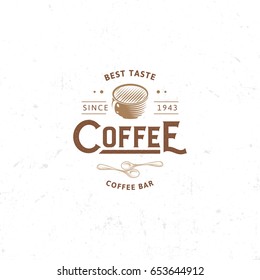 Vintage dark coffee emblem, flat retro illustration. Brown and beige colors sign. Stylized stamp of vector lettering drink. Breakfast cafe logo.