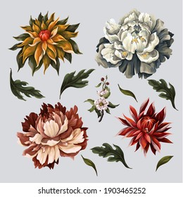 Vintage dark flowers such as peony, rose and chrysanthemum isolated. Vector