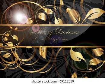 Vintage dark golden card with seamless ornament at background and sun shine. eps 10