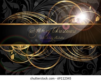 Vintage dark golden card with seamless ornament at background and sun shine. eps 10