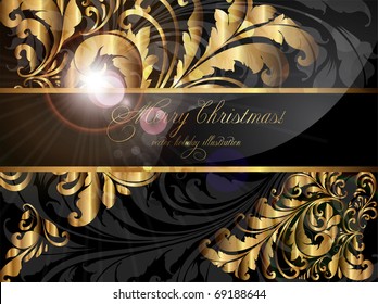 Vintage dark golden card with seamless ornament at background and sun shine. eps 10